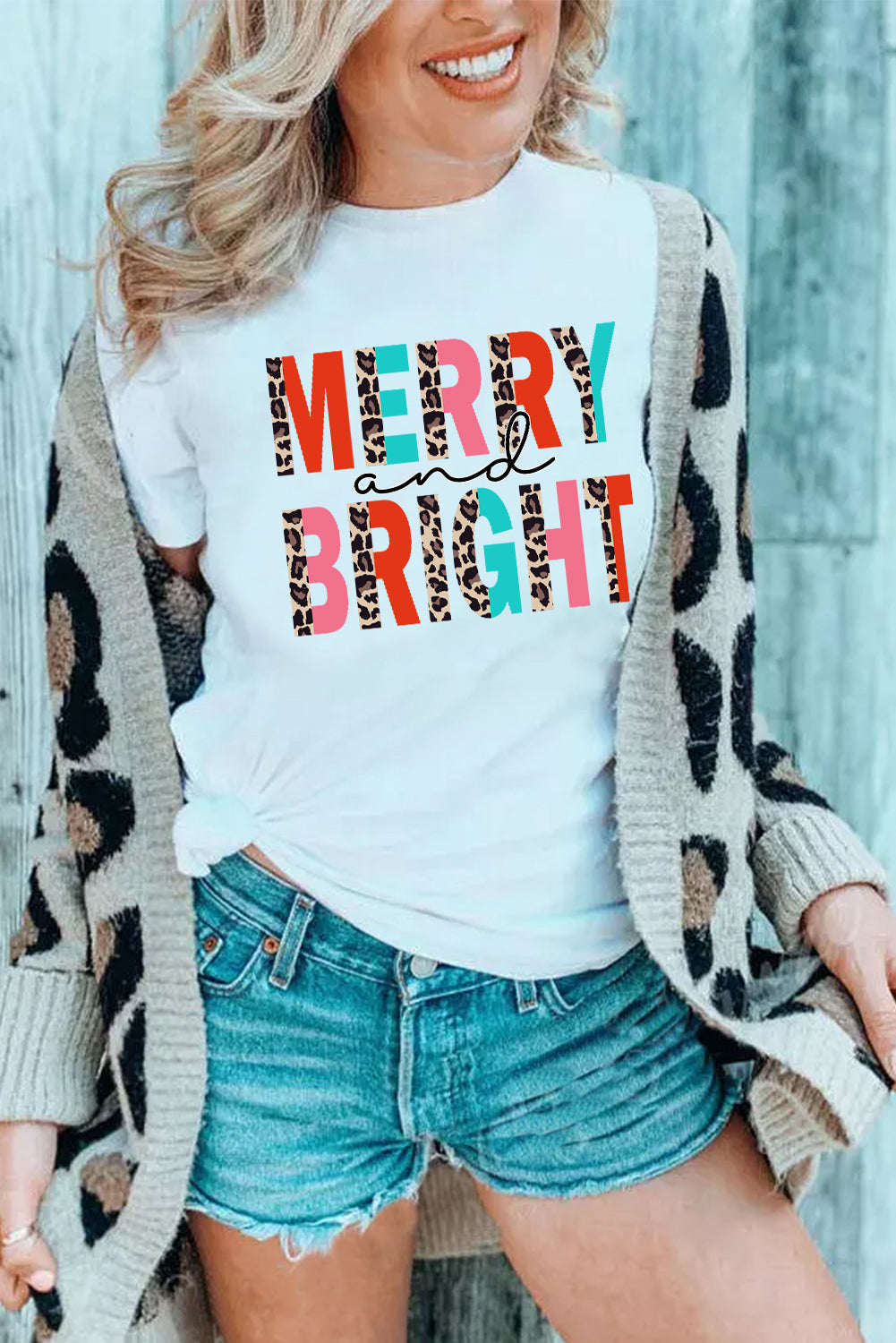 Merry and Bright Leopard Print Short Sleeve Graphic Tee