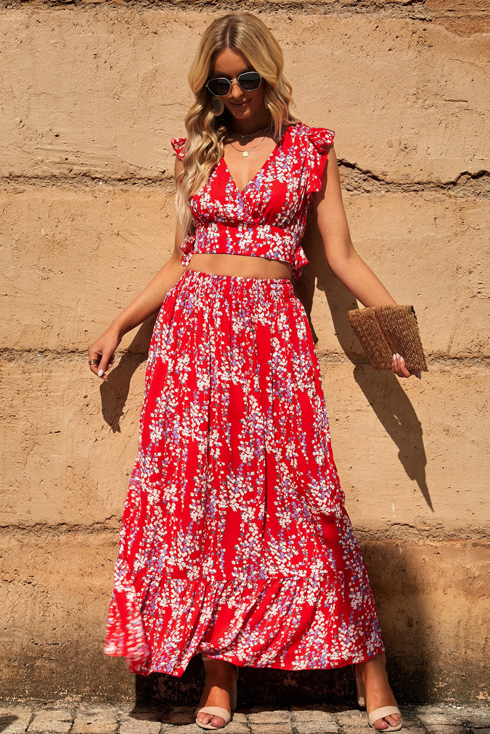 Multicolor Floral Ruffled Crop Top and Maxi Skirt Set