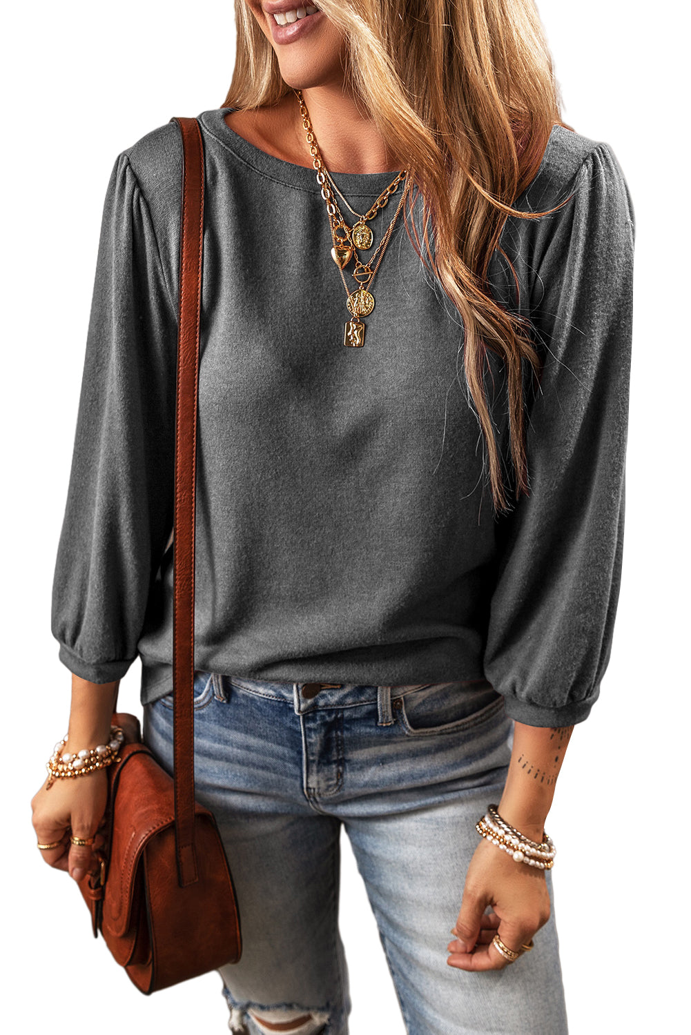 Black Solid Color 3/4 Sleeve Round Neck Blouse