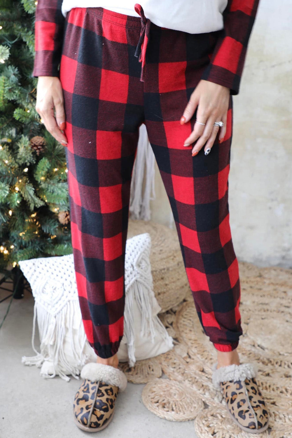 MERRY Leopard Plaid Color Block Two Piece Lounge Set