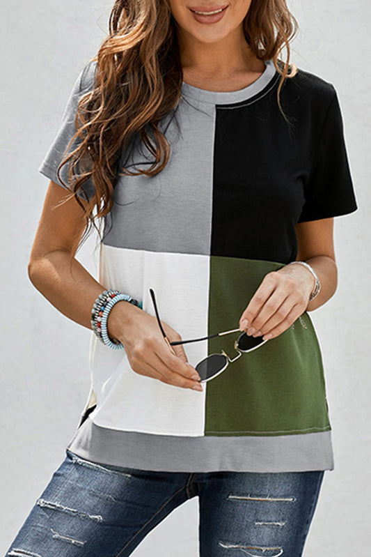 Army Green Colorblock T-shirt with Slits