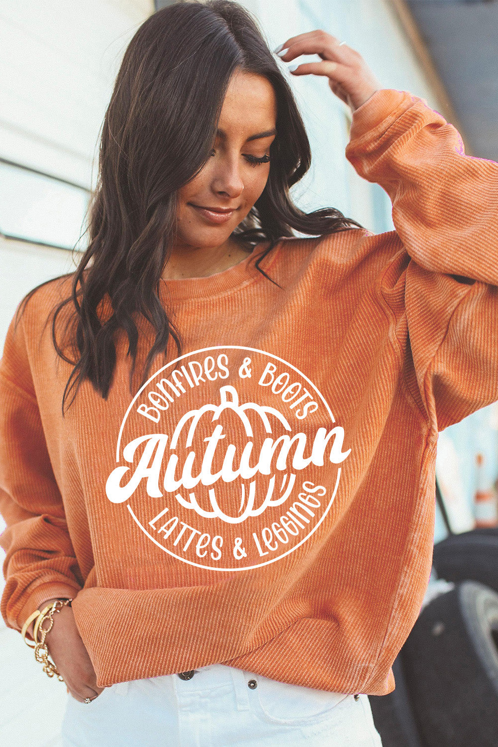 Autumn Pumpkin Graphic Print Corded Oversized Sweatshirt