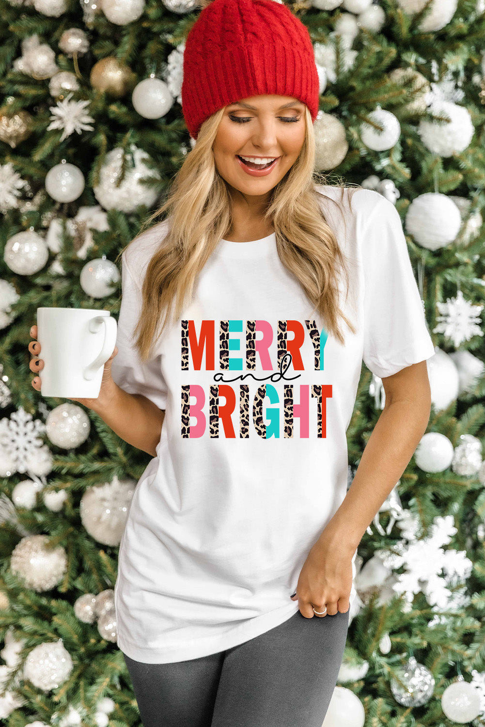 Merry and Bright Leopard Print Short Sleeve Graphic Tee