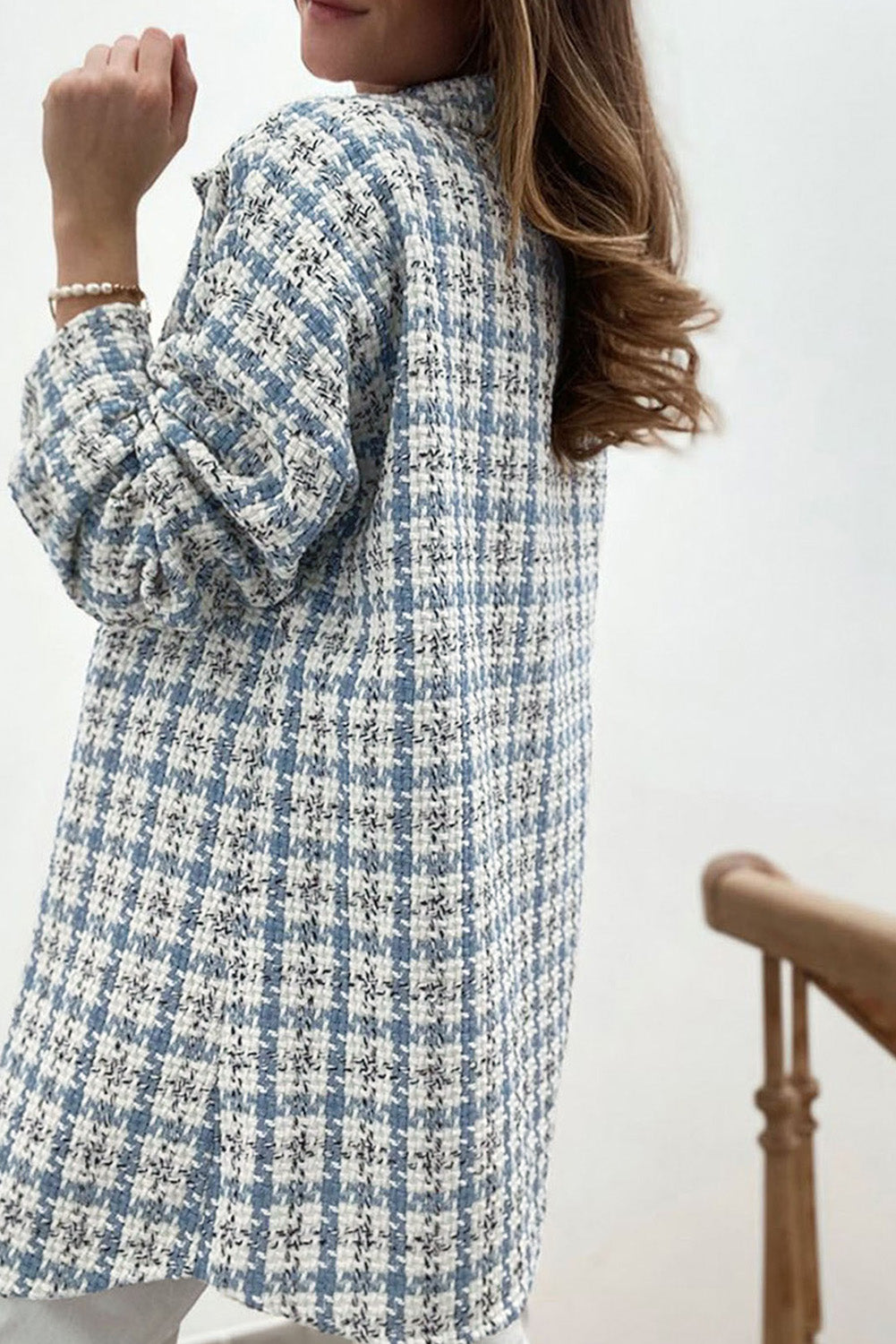 Sky Blue Plaid Print Button Knitted Jacket with Pocket
