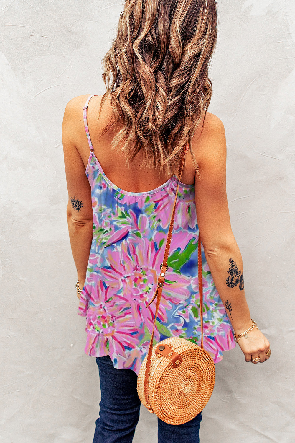 Abstract Floral Print Loose Fit Spaghetti Strap Tank Top