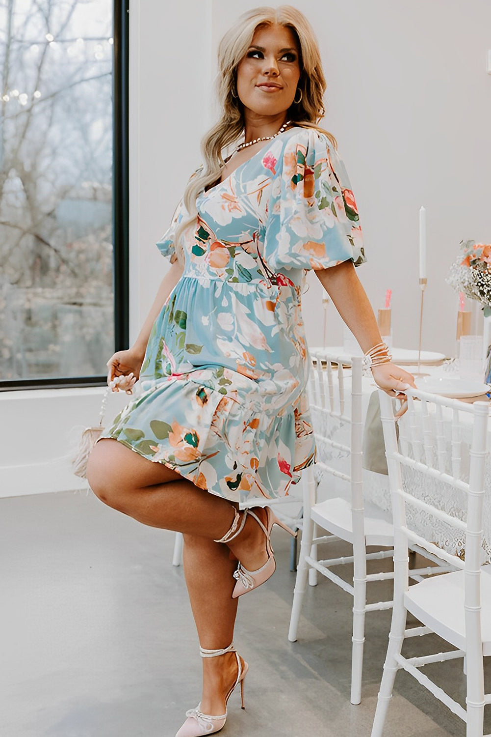 Floral Print Ruffled Puff Sleeve Plus Size Mini Dress