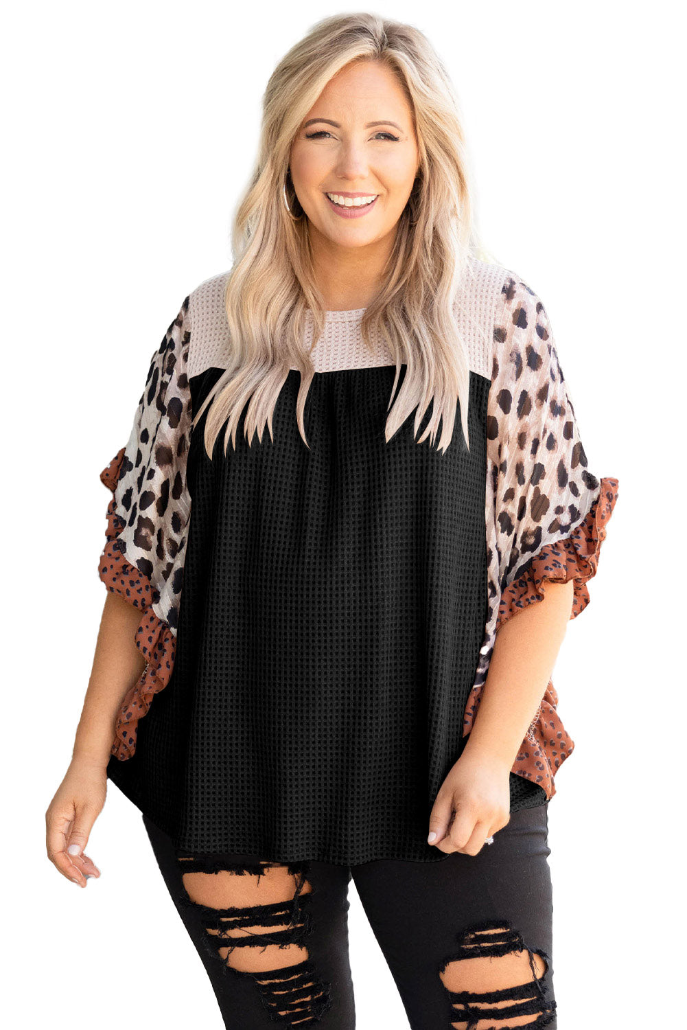 Waffle Knit Animal Print Ruffle Sleeves Plus Size Top