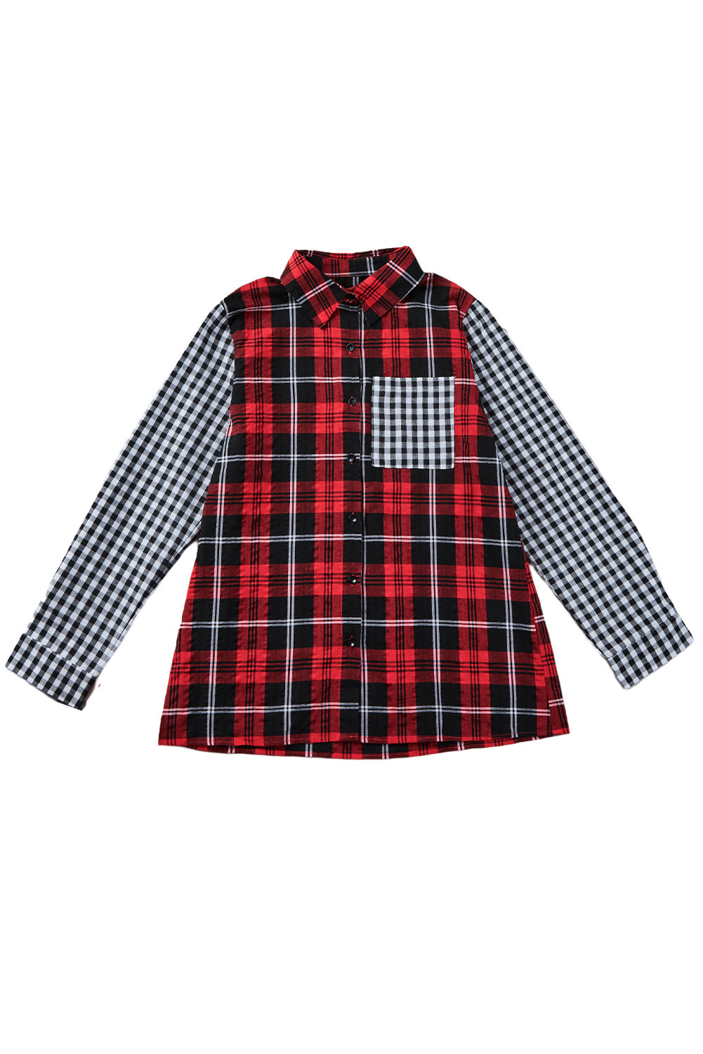 Fiery Red Plaid Splicing Hit Color Pockets Turndown Collar Long Sleeve Shirt