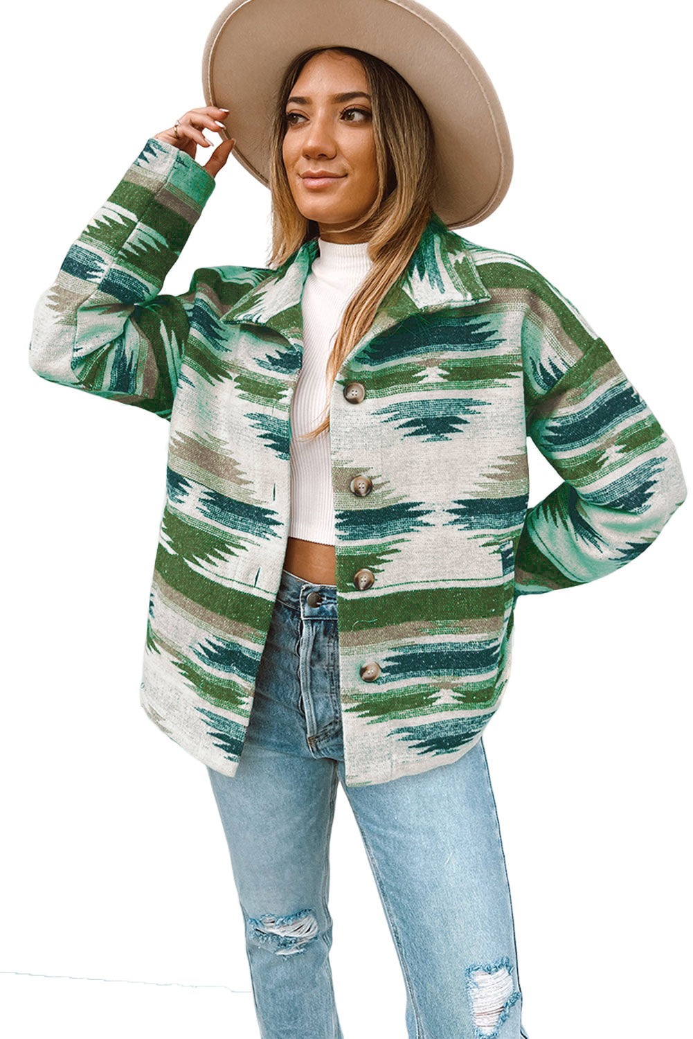 Blackish Green Aztec Print Button Up Long Sleeve Jacket