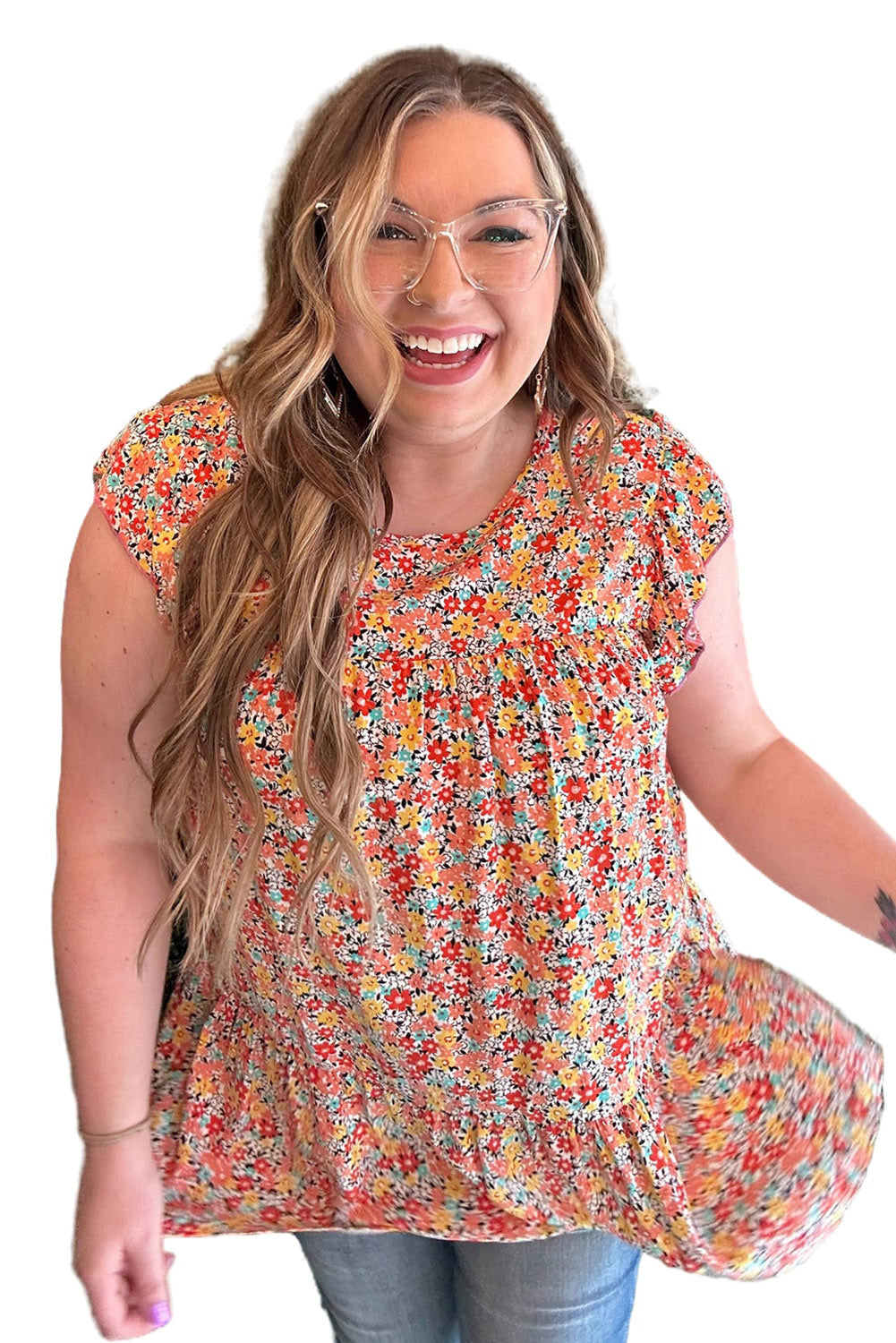 Multicolor Plus Size Boho Floral Print Ruffle Tiered Top