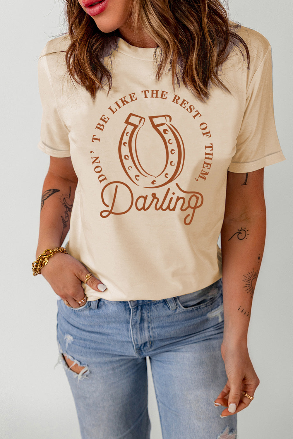 Khaki Darling Letter Graphic Print Short Sleeve T Shirt