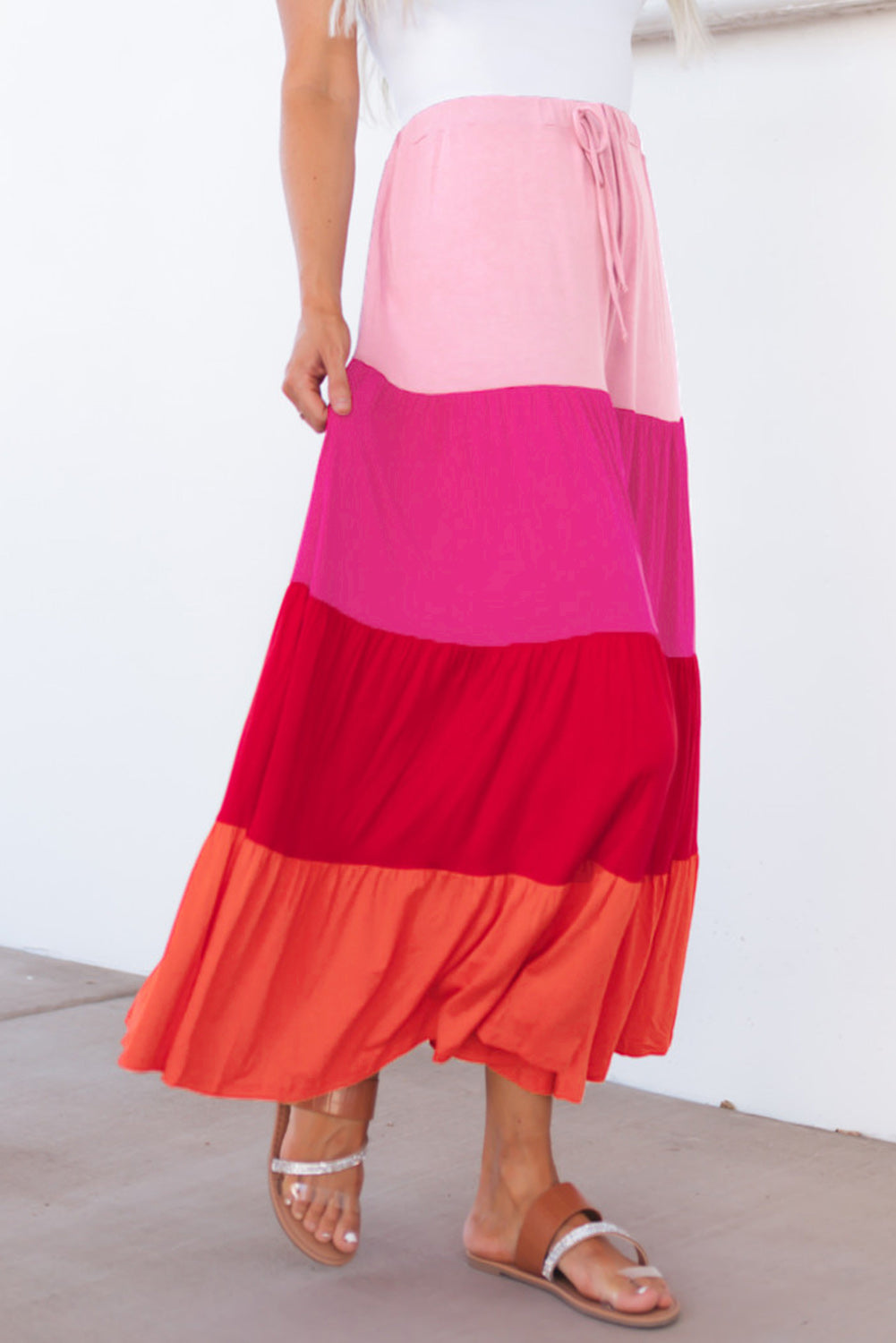 Color Block Tiered Drawstring High Waist Maxi Skirt