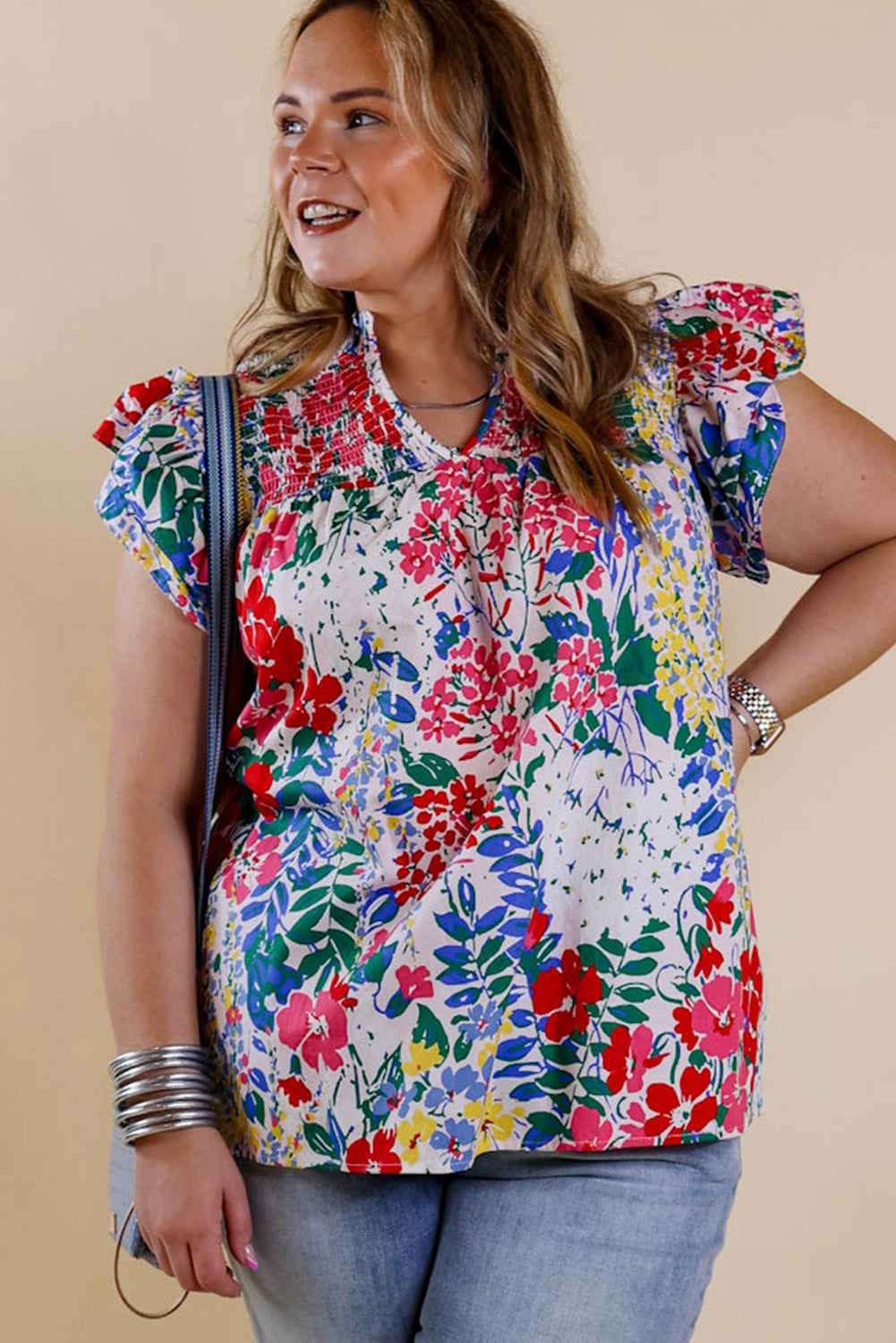 Plus Floral Print Ruffle Cap Sleeve V Neck Blouse