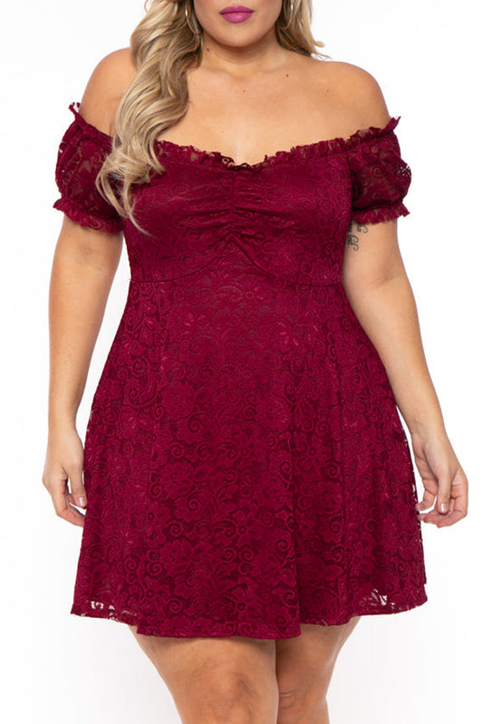 Lace Frill Bubble Sleeve Off Shoulder Plus Size Dress