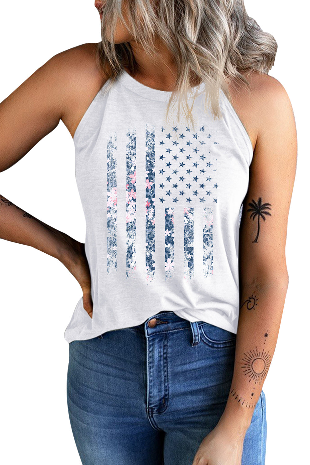 Floral Distressed American Flag Print Graphic Tank Top