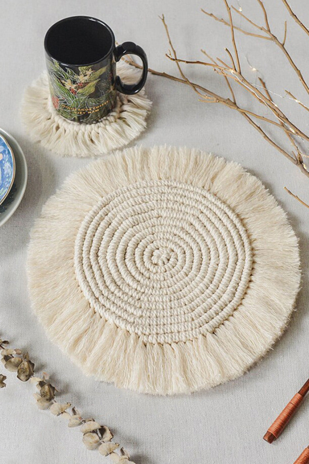 Beige Boho Tassel Macrame Coaster 15cm*15cm