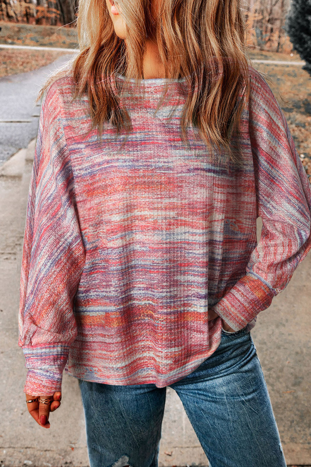 Multicolor Tie-dyed Boat Neck Dolman Sleeve Knit Top