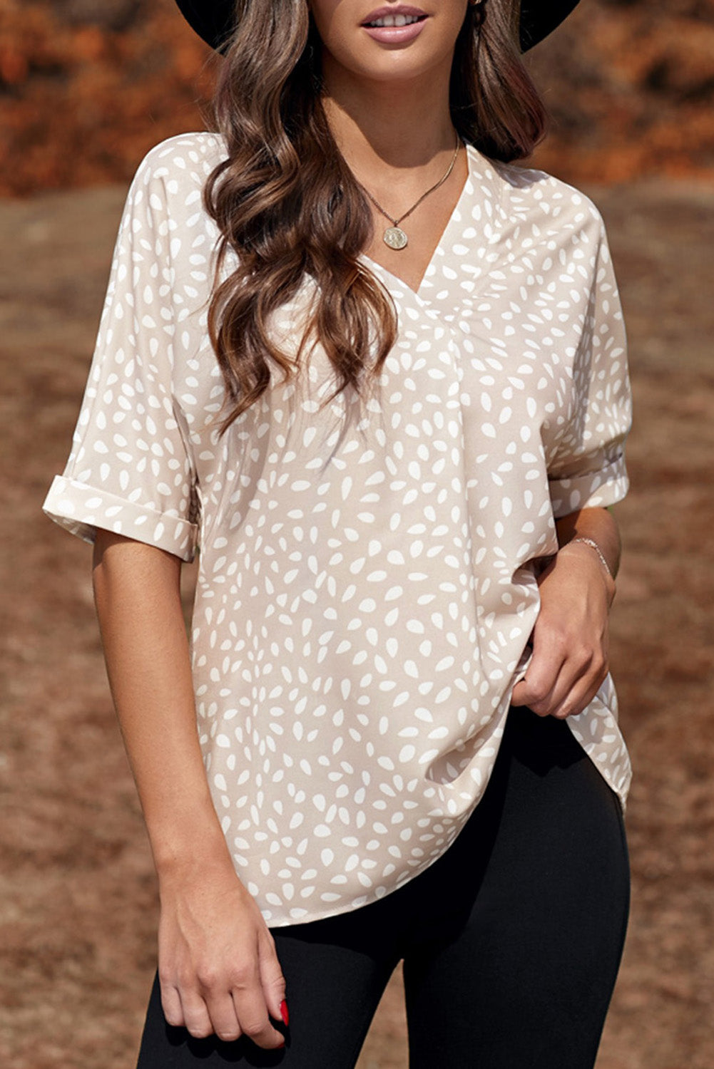 Apricot Animal Print V-neck Rolled Sleeve Tunic Top