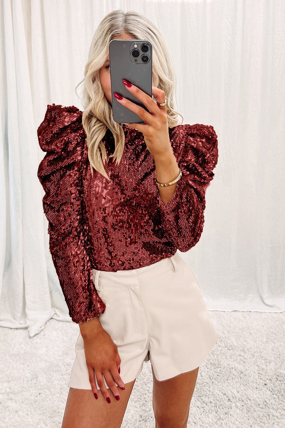 Black Sequin Mock Neck Bubble Sleeve Top