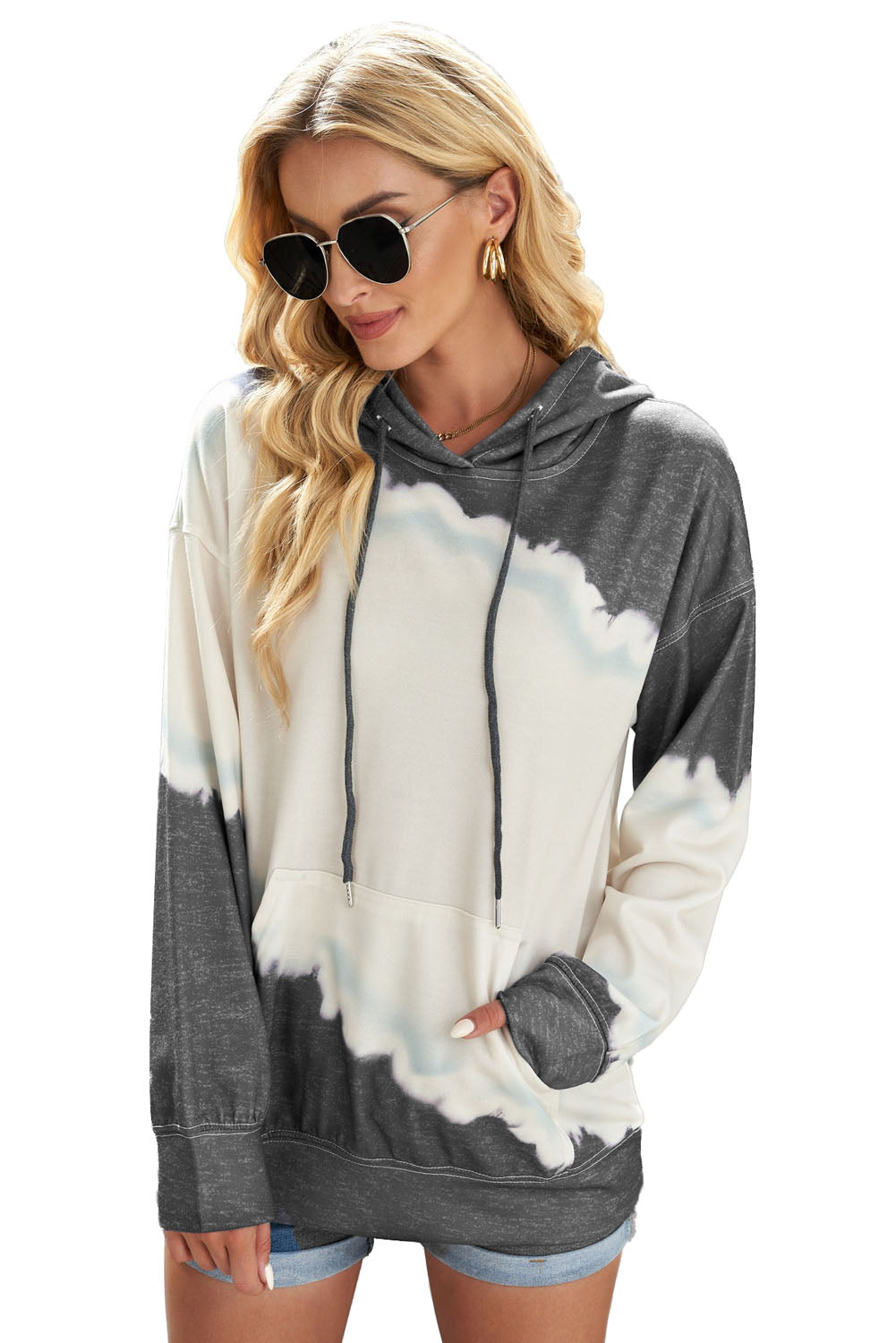 Gray Hooded Tie Dye Print Pocket Casual Sweatshirt