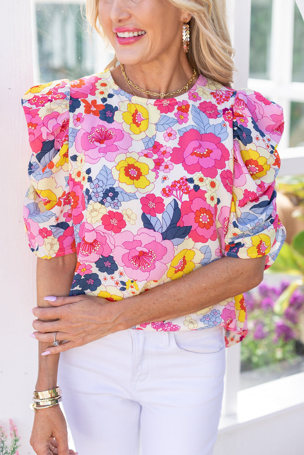 Ruched Puff Sleeve Floral Blouse