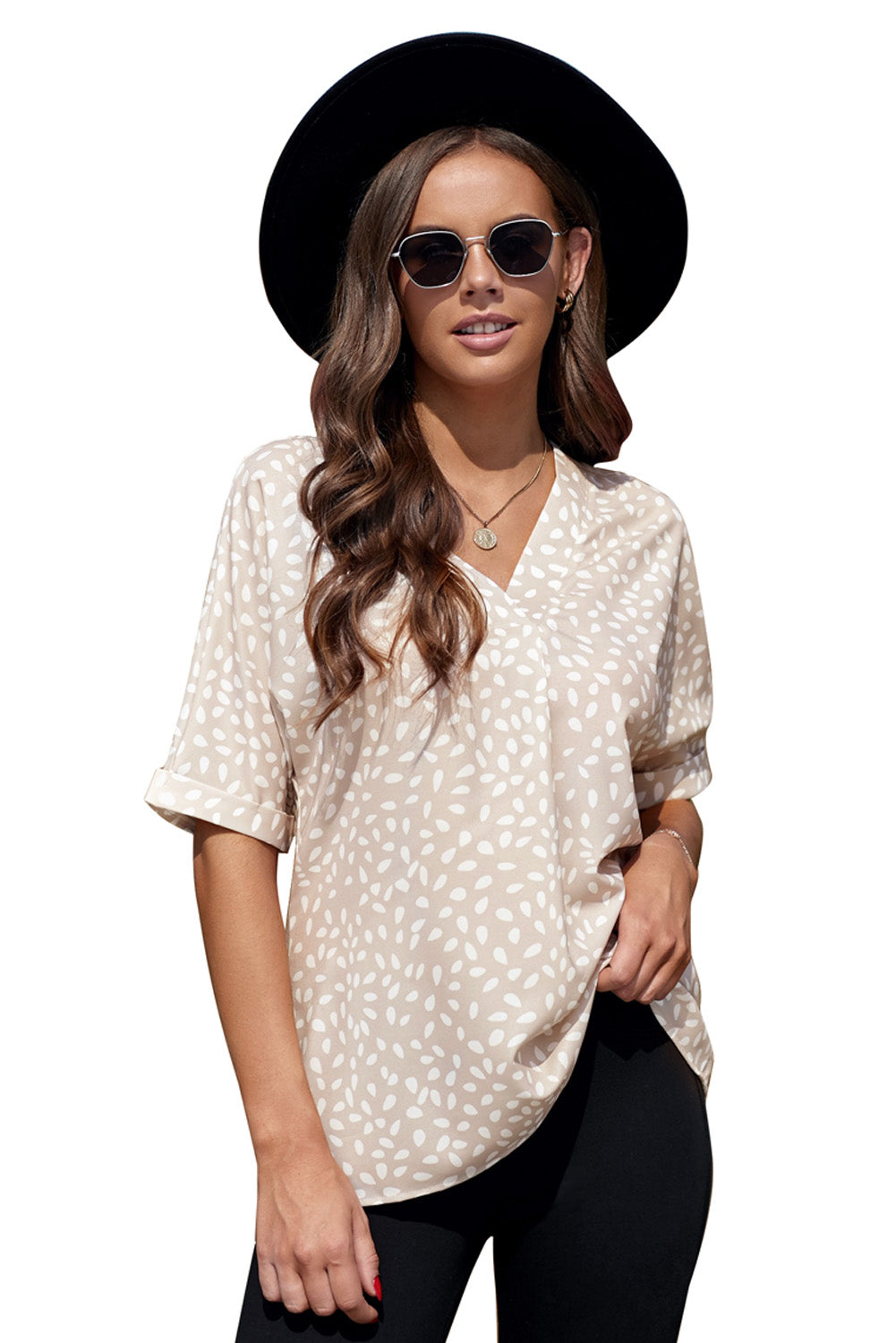 Apricot Animal Print V-neck Rolled Sleeve Tunic Top