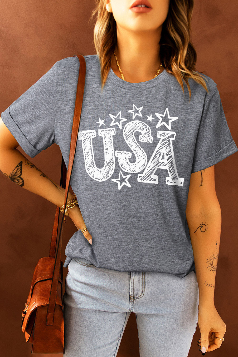 USA Stars Graphic Print Short Sleeve Casual Tee