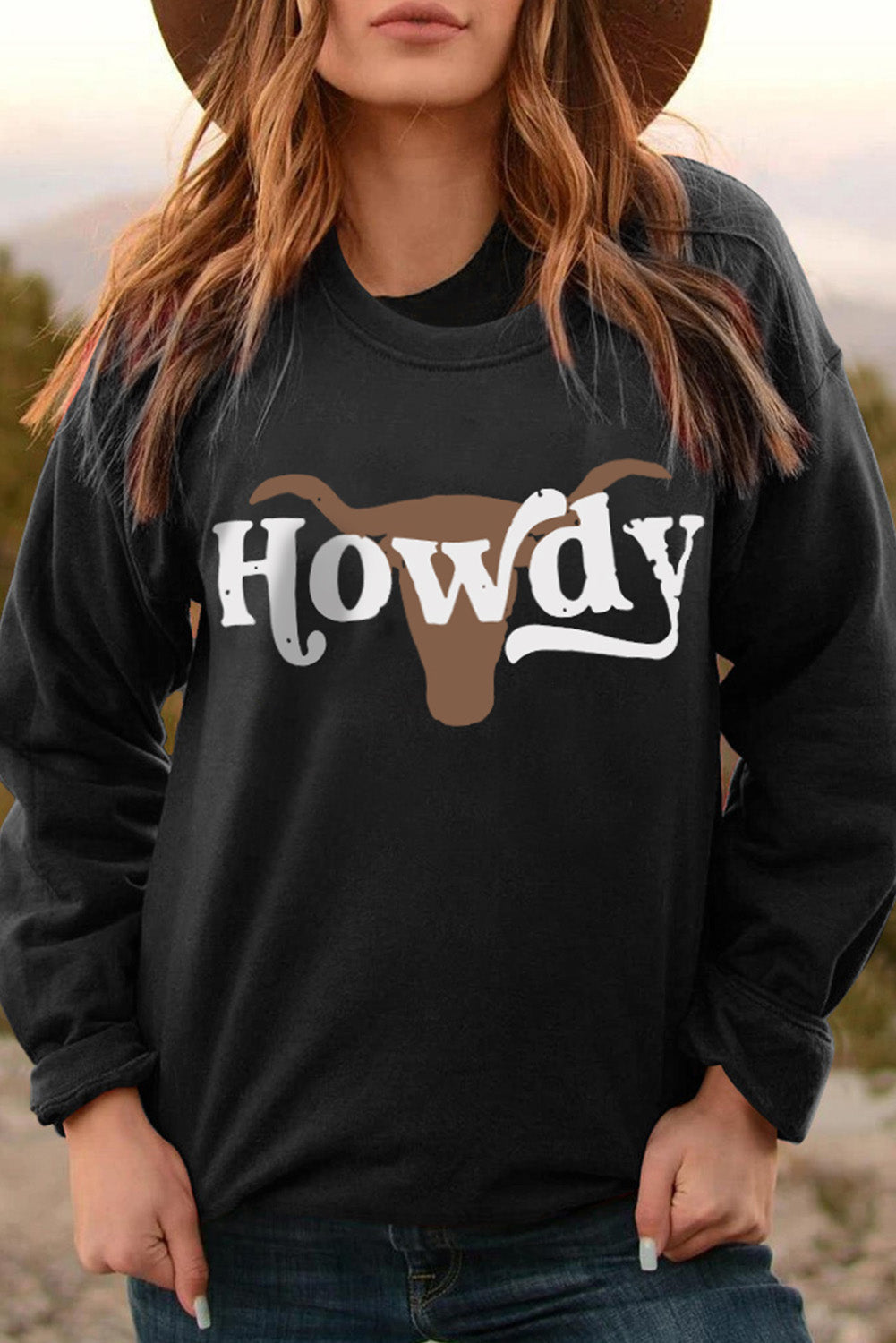 HOWDY Steer Head Print Long Sleeve Sweatshirt