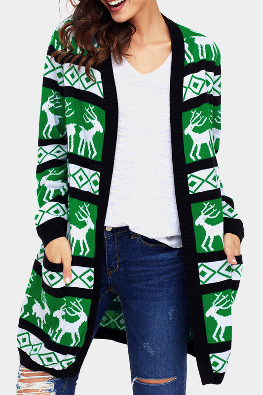 Green Reindeer Geometric Christmas Cardigan