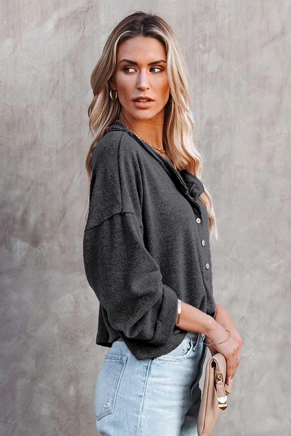 Gray Buttoned Loose Long Sleeve Shirt