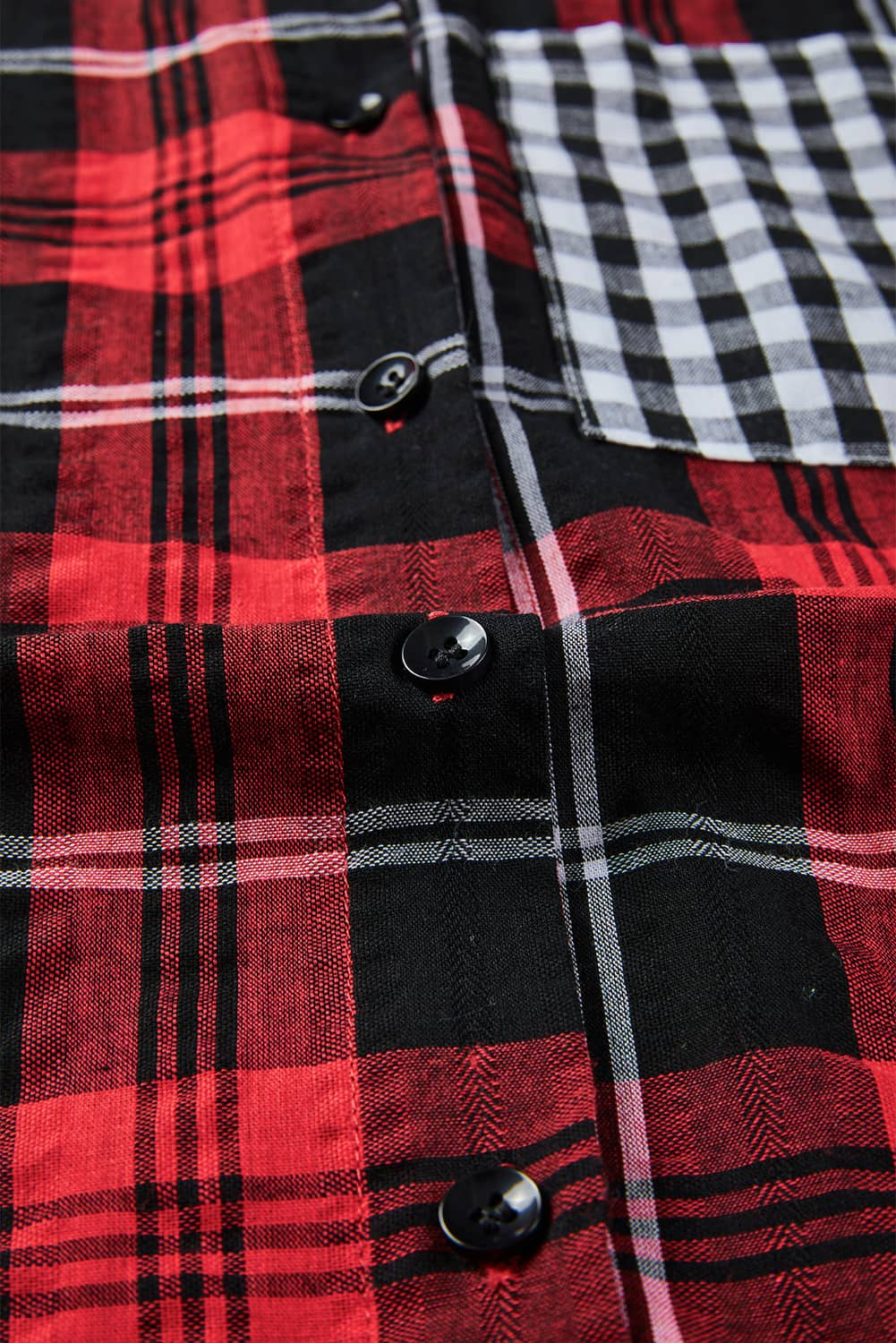 Fiery Red Plaid Splicing Hit Color Pockets Turndown Collar Long Sleeve Shirt