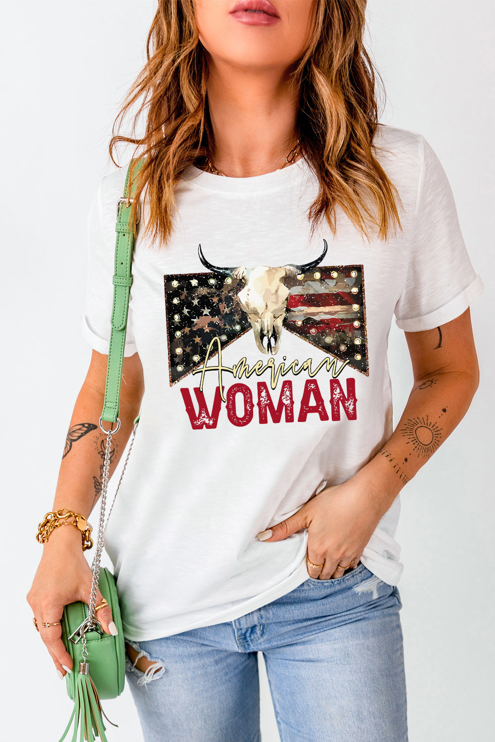 American Woman Cow Skull Print Graphic T Shirt