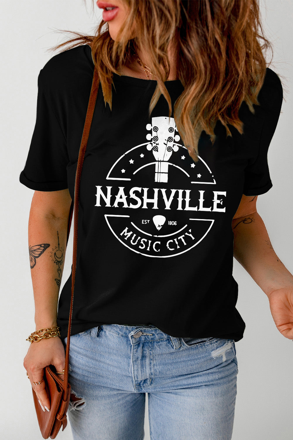 NASHVILLE MUSIC CITY Graphic Print Crew Neck T Shirt