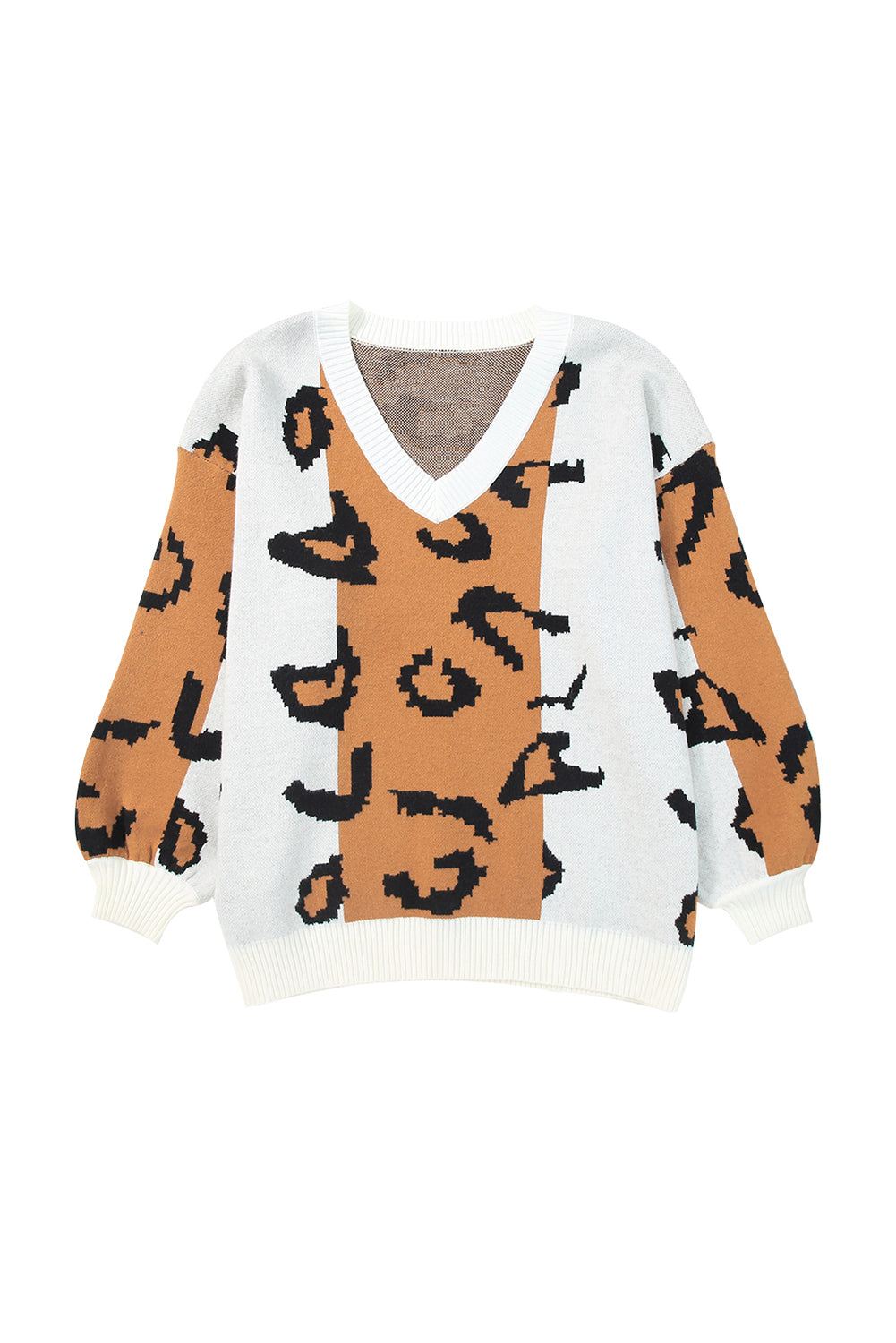 Orange Leopard Print Colorblock Drop Shoulder Plus Size Sweater