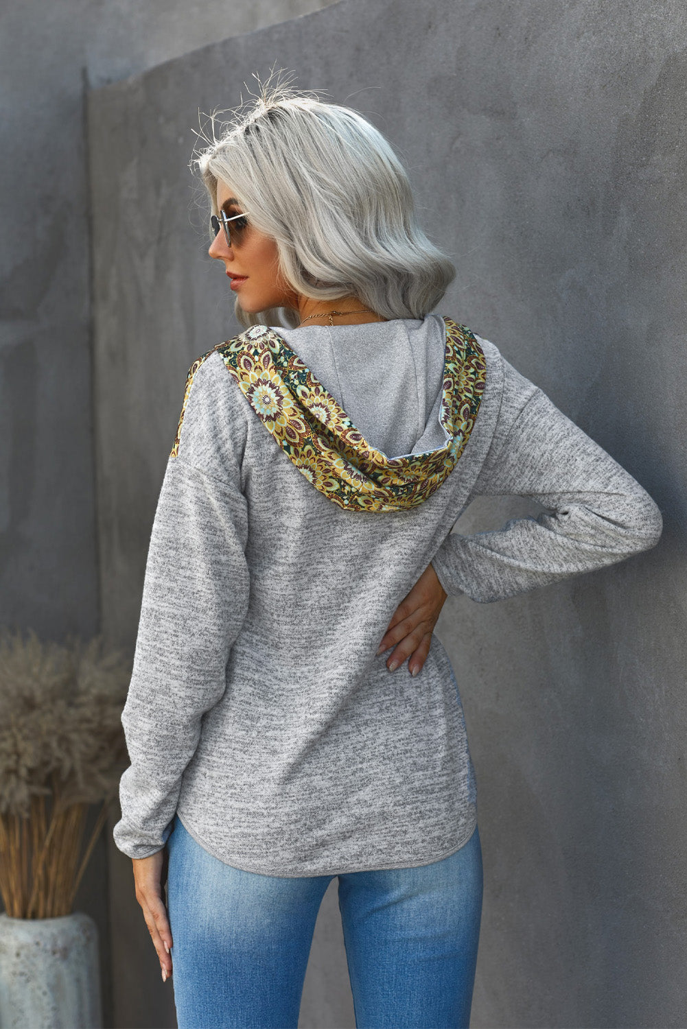 Gray Tribal Print Vintage Drawstring Hoodie