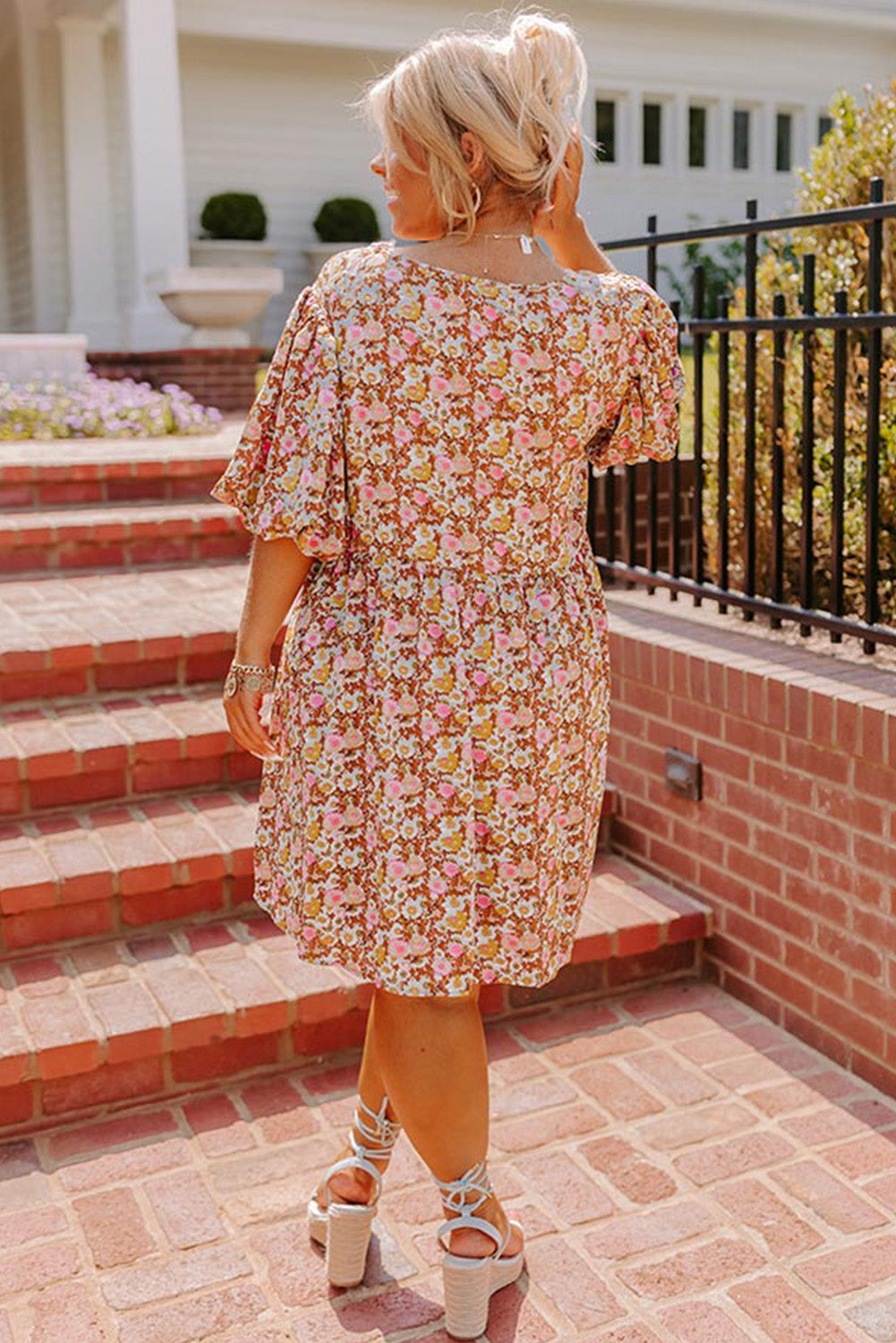 Multicolor Plus Size Floral Print Puff Sleeves Dress