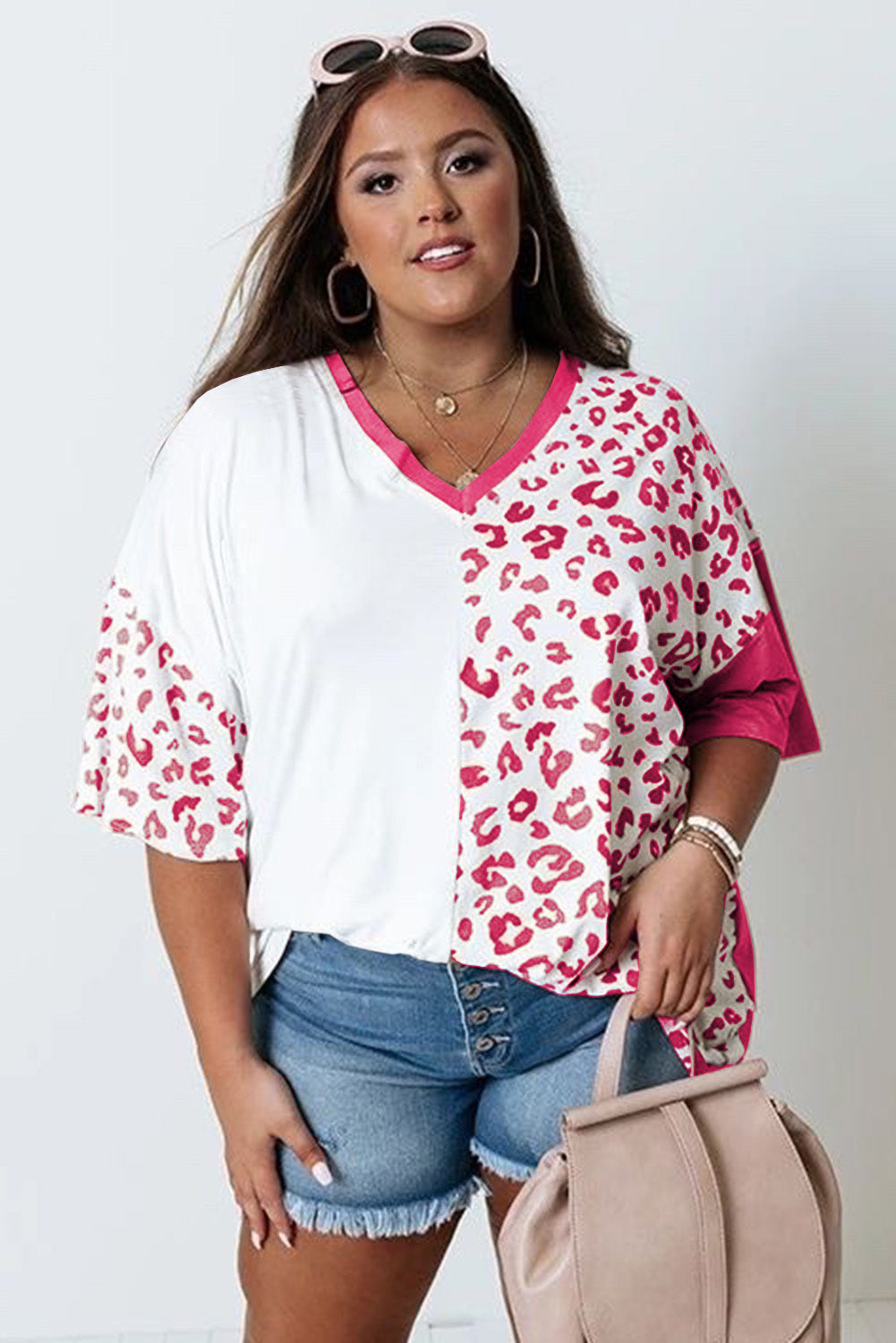 Plus Size Leopard Patchwork Short Sleeve Top