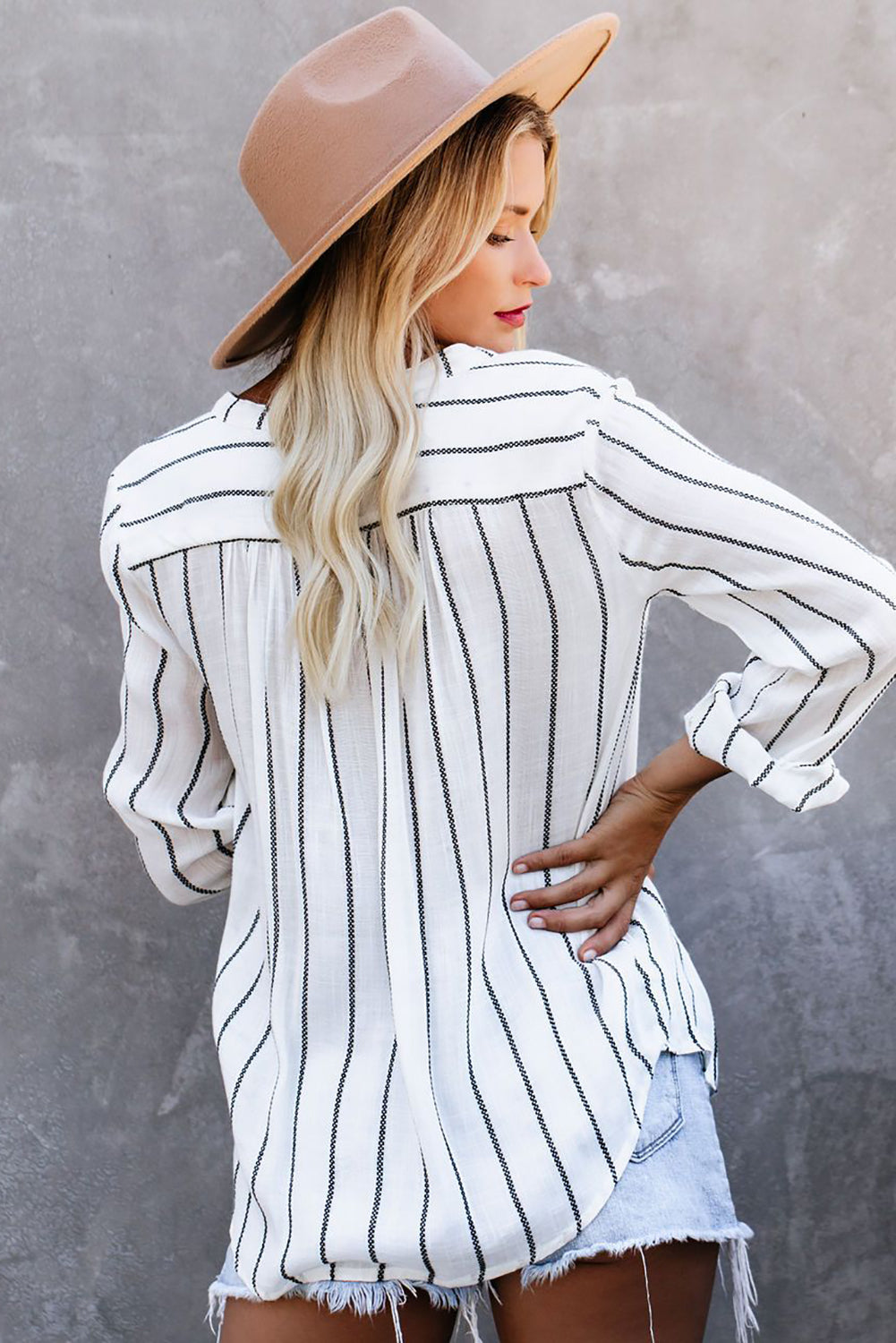 Multicolor Striped V Neck Pocket Long Sleeve Top