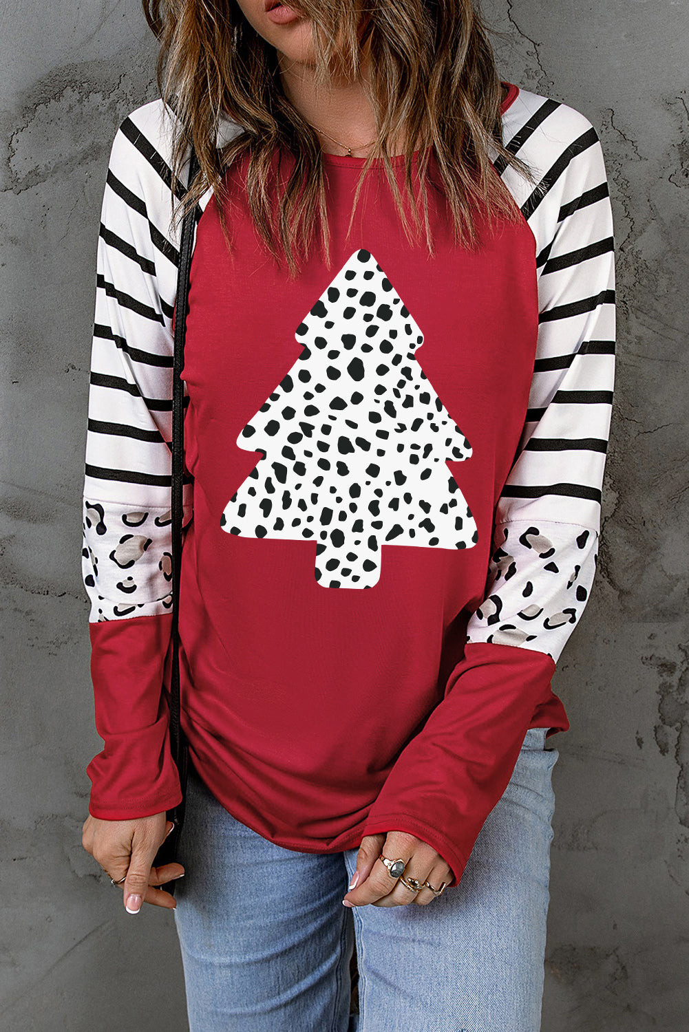 Leopard Christmas Tree Striped Color Block Long Sleeve Top