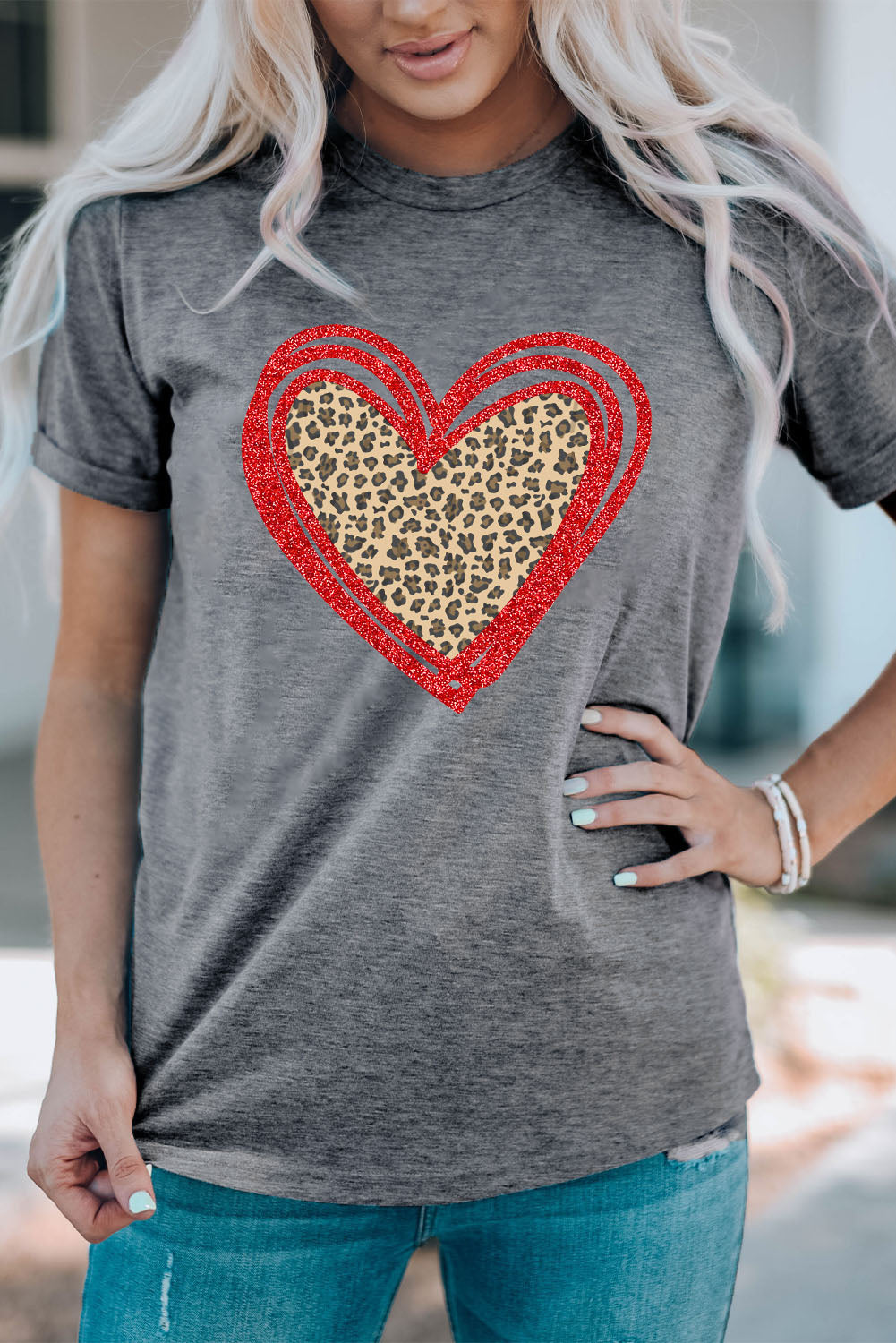 Sequin Leopard Heart Graphic T-shirt