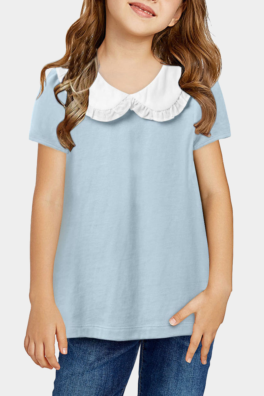 Orange Little Girl Peter Pan Collar Short Sleeve Top