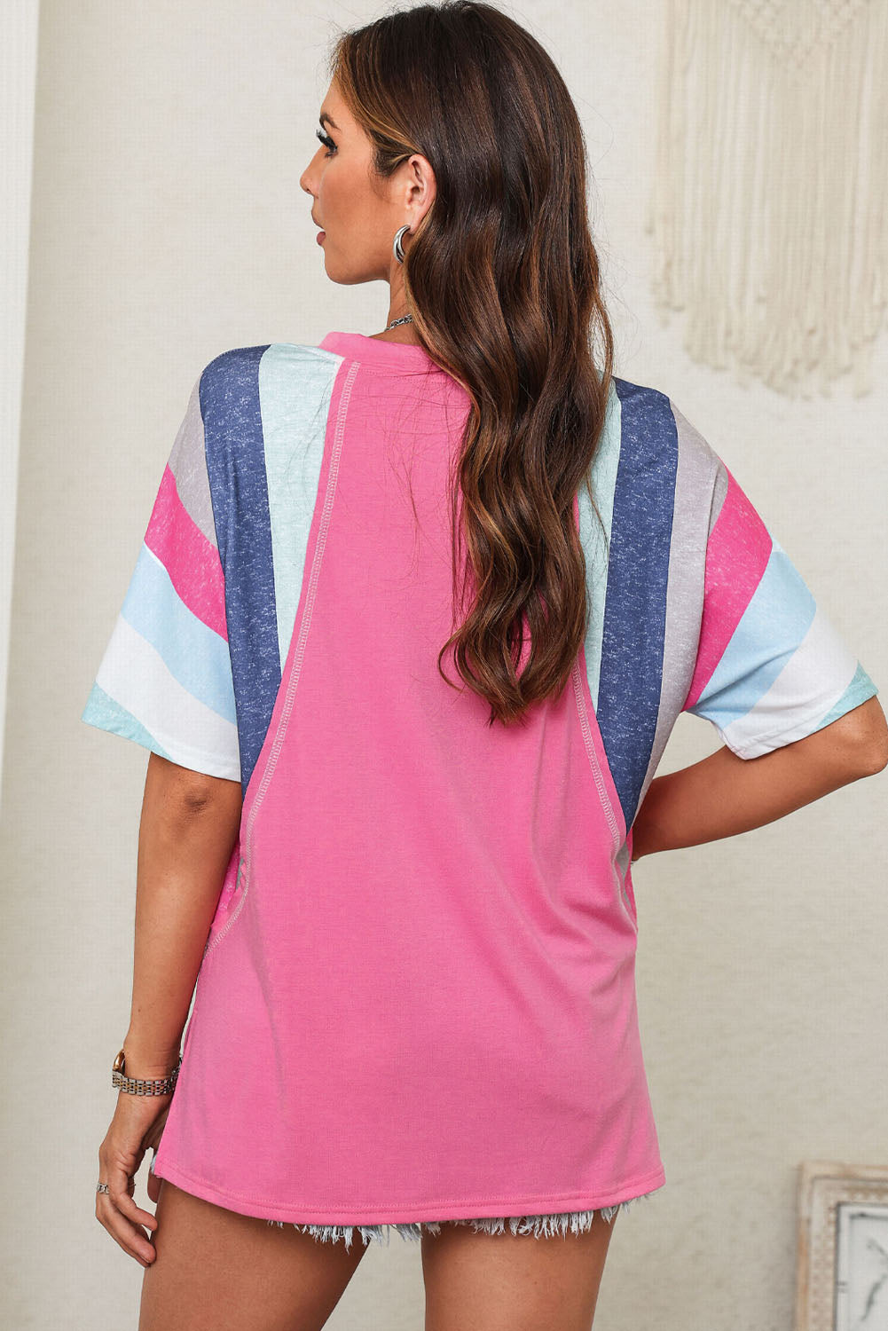 Pink White Stripe Patchwork V Neck T Shirt