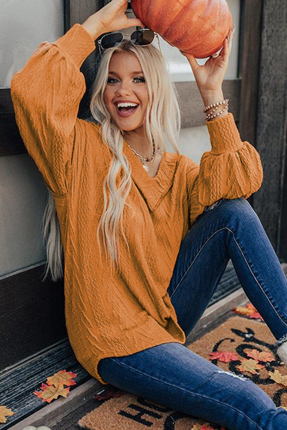 Textured V Neck Long Sleeve Knit Top