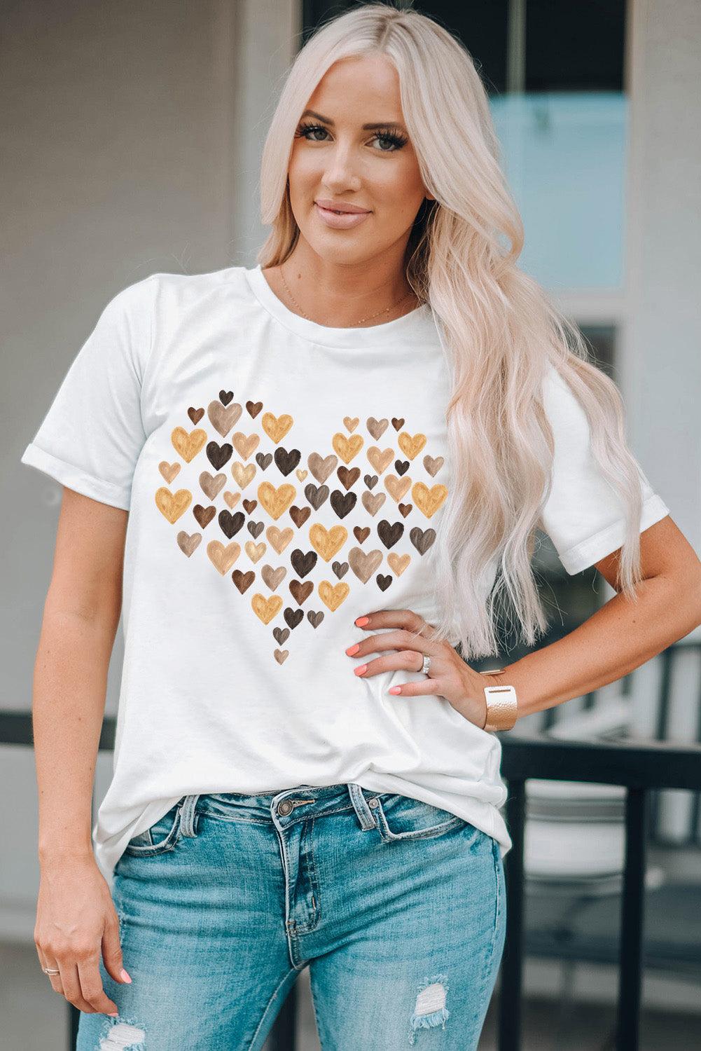 Valentines Day Heart Shaped Print Crew Neck Graphic Tee