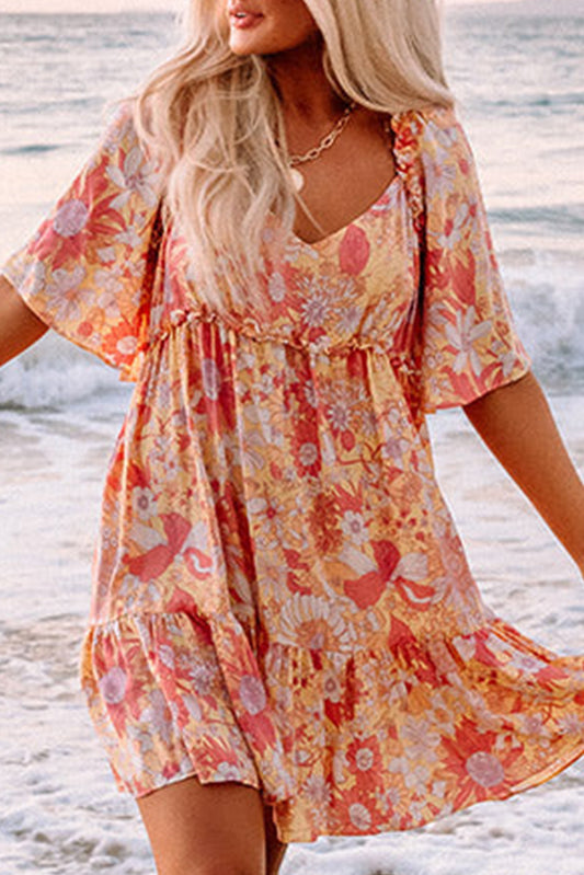 Wide Flutter Sleeve Floral Dress