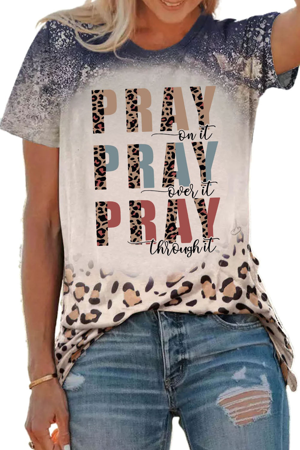 PRAY Western Leopard Slogan Print Bleached T Shirt