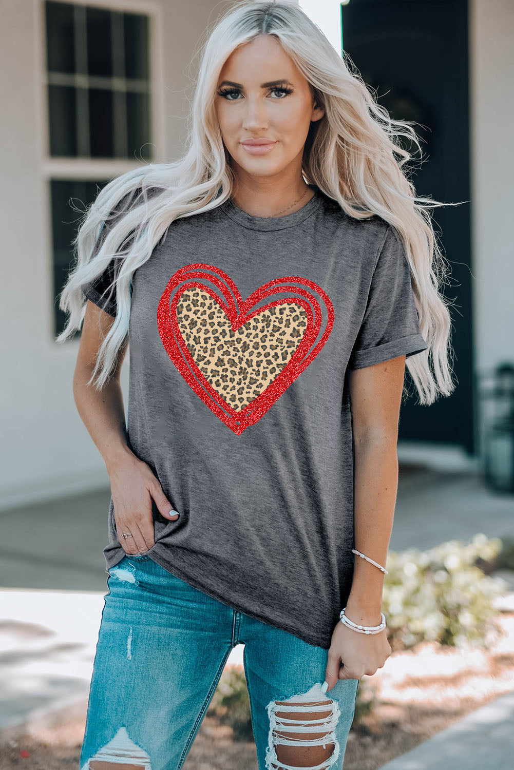 Sequin Leopard Heart Graphic T-shirt