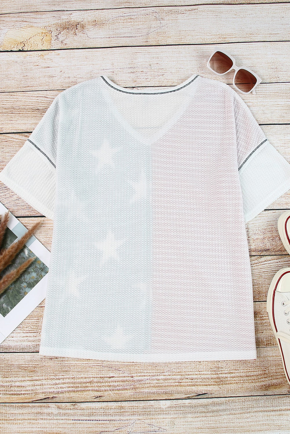 Blue Stripes Stars Print Knit Short Sleeves Top