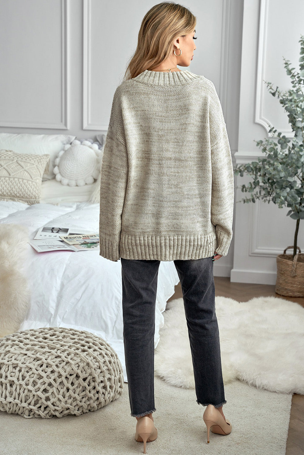 Khaki V neck Drop Shoulder Knitted Sweater