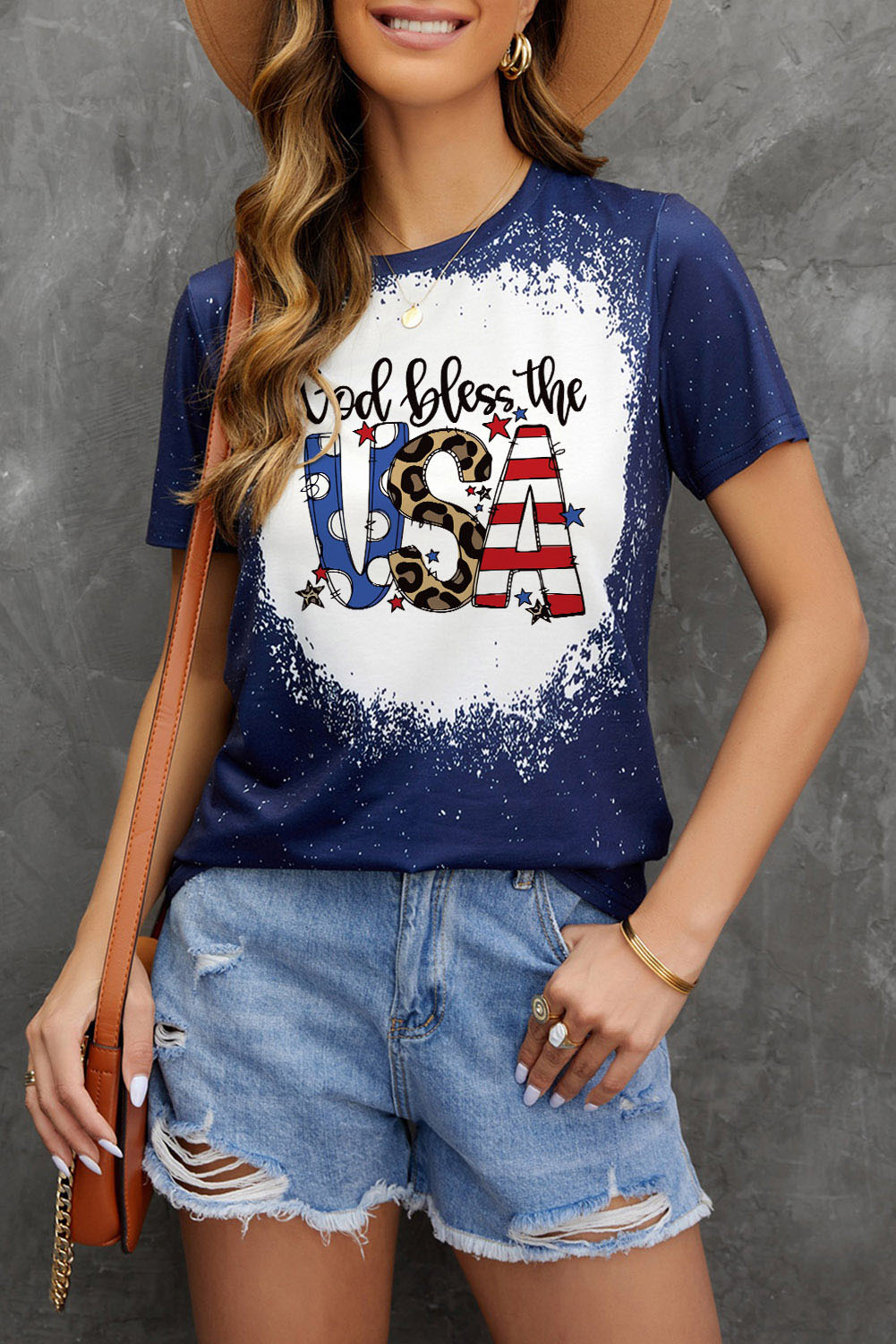 God Bless the USA Print Bleach Short Sleeve T-Shirt